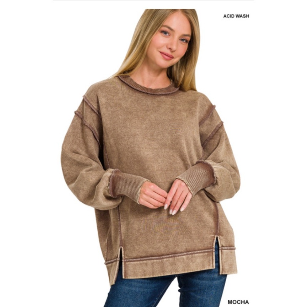 124 Zenana Mocha Acid wash exposed-seam fleece sweatshirt - LARGE PTP: 27" (BB6)